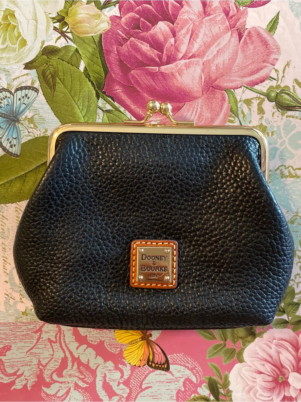Dooney & Bourke Black Pebbled Leather Kiss-Lock Cosmetic Case with Gold Hardware